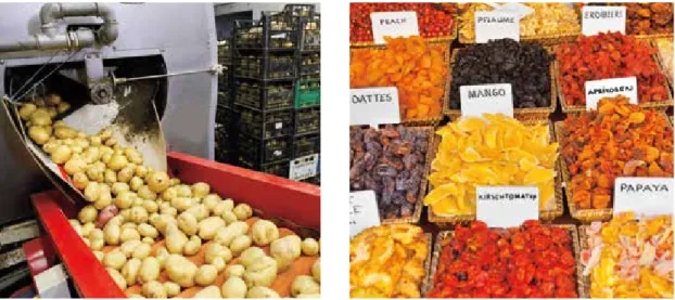 Foto 3. Lavado  y empaque  mecánico de papas. Foto 4. Distintos  tipos de frutas  secas peladas,  sopladas y  clasificadas para su  venta por peso.