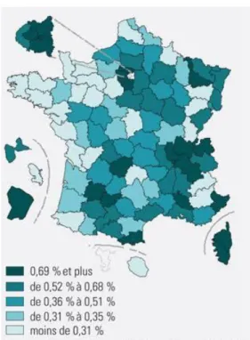 Figure 1. Répartition des élèves allophones dans les écoles françaises selon les départements  (Source : MENESR-DEPP, enquête EANA 2014-2015)