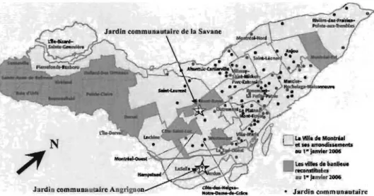 Figure 3.1  la  localisation des jardins communautaires montréalais selon la  liste présentée par la Ville de Montréal, (Délavar, 2007i O  21 