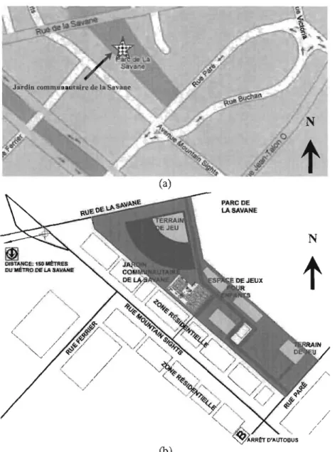 Figure 3.3 L'emplacement et l'environnement du jardin communautaire de  la Savane, (a) (2006i\ (b) (Délavar, 2007) 
