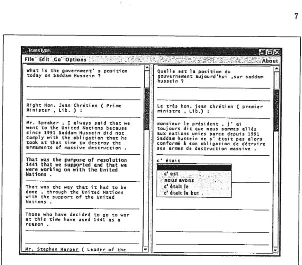 Fig. 2.1: Capture d’écran d’un prototype de TïansType. Le texte source apparaît dans la partie gauche de l’écran, alors que le texte cible se situe dans la partie droite