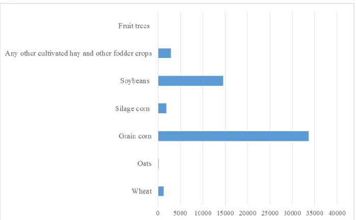 Figure  13:  RCM  of  Haut-Richelieu:  Area  of  cultivated  crops  in  hectares  in  2011,  Statistics Canada, 2013 Agricultural Census