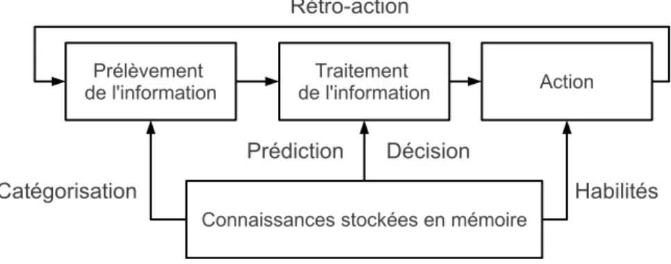 Figure 2.2.1 – Sch´ ema inspir´ e de Neboit (1977) d´ ecrivant le fonctionnement cognitif du conducteur.