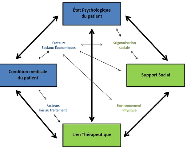 Figure 3: Schéma représentant l'interrelation entre les facteurs personnels et environnementaux affectant  l'adhésion au traitement