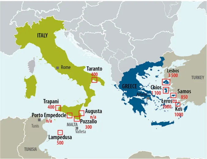 Figure 3.3 : Hotspots en Italie et en Grèce. « n/a » = projet abandonné. Source : Cour des comptes européenne, 2017.