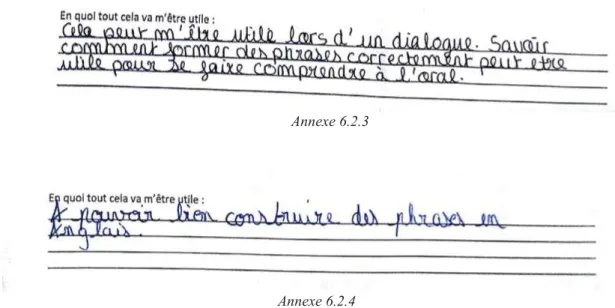 figure  2  ci-dessus,  deux  élèves,  sur  les  cinq  interrogés,  ont  ressentie  l’apport  de  la  rédaction  comme  moyen  leur  permettant  de  pouvoir  projeter  leur  apprentissage  en  dehors du collège