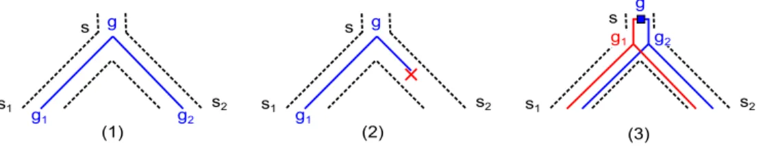 Figure 2.1: Illustration d’une sp´eciation, perte et duplication. En pointill´e, l’arbre d’esp`eces illustrant une sp´eciation de l’esp`ece s en les deux esp`eces s 1