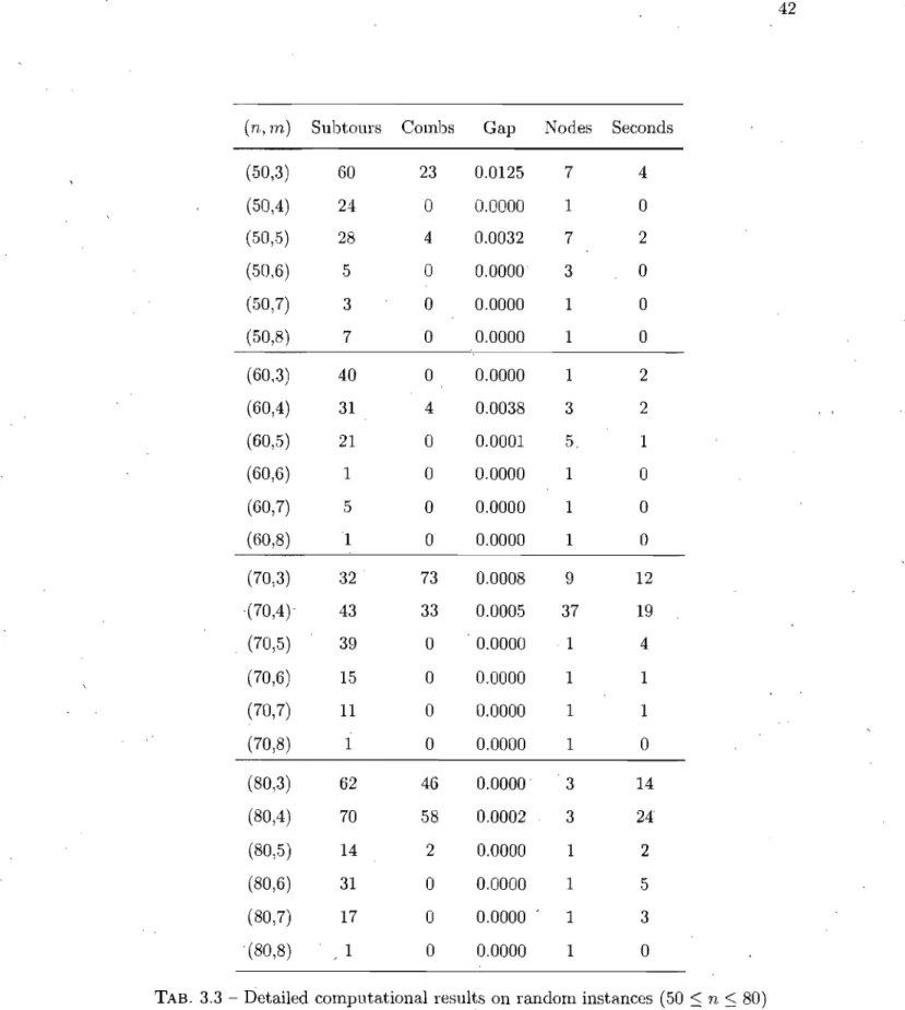 TAB.  3.3 - Detailed computational results on random instances  (50  :s  n  S;  80) 
