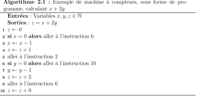Figure 2.3 – Exemple de machine à compteur, sous forme d’automate, calculant x + 2y.
