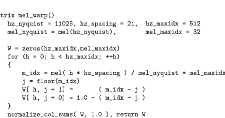 Figure 4.1. Pseudocode for the Mel Scale Transform of the DFT output, Ft Matrix-access boundary checking code bas been omited.