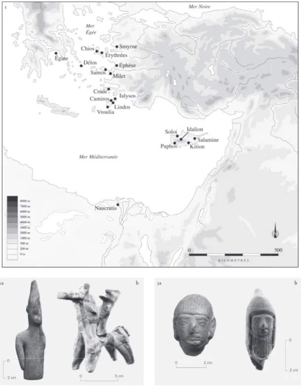 Fig. 1.  – Carte de la Méditerranée orientale : lieux de trouvailles des fi gurines en terre cuite chypriotes (DAO :  A. Flammin, HISOMA/université de Lyon 2).