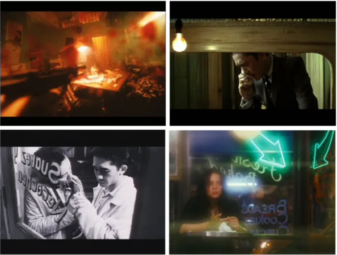 Figure 1: Deframings (scenes from Fallen Angels, 2046, My Blueberry Nights and Happy Together,  clockwise)