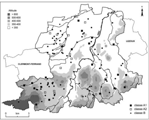 Fig. 2. Typologie et géographie des villae de Grande Limagne au Haut-Empire [d’après Dousteyssier et al., 2004]