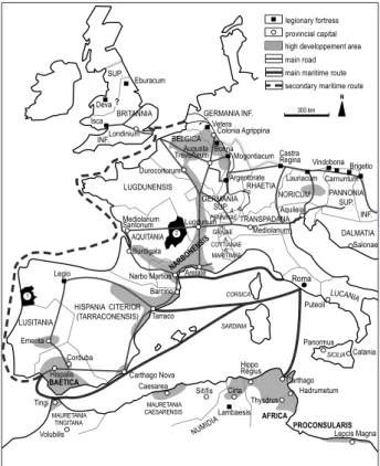 Figure 1 : Localisation des territoires étudiés sur la carte du développement régional de l’Occident romain (Leveau 2007)