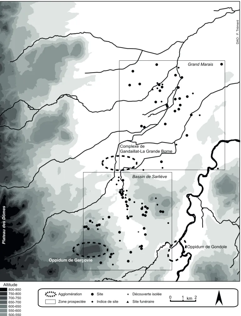 Fig. 6. —  Le bassin de Clermont-Ferrand au second âge du fer. DAO : F. Trément.