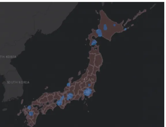 Figure 2 : Carte de l’évolution spatiale de l’épidémie du COVID 19 au Japon au 22 février 2020