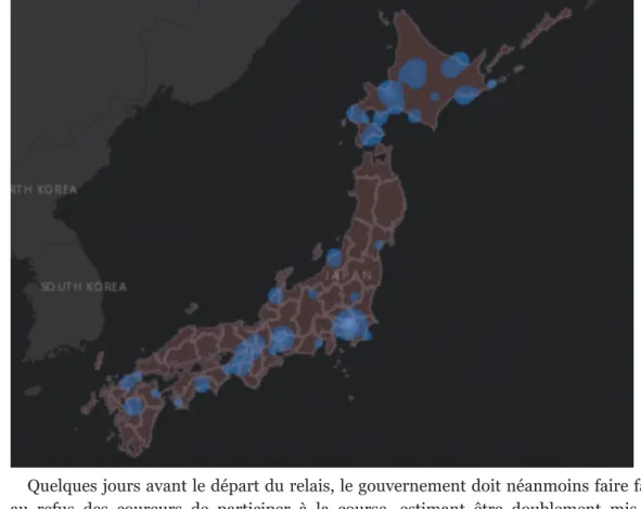 Figure 4 : Carte de l’évolution spatiale de l’épidémie du COVID 19 au Japon au 13 mars Quelques jours avant le départ du relais, le gouvernement doit néanmoins faire faceau  refus  des  coureurs  de  participer  à  la  course,  estimant  être  doublement  