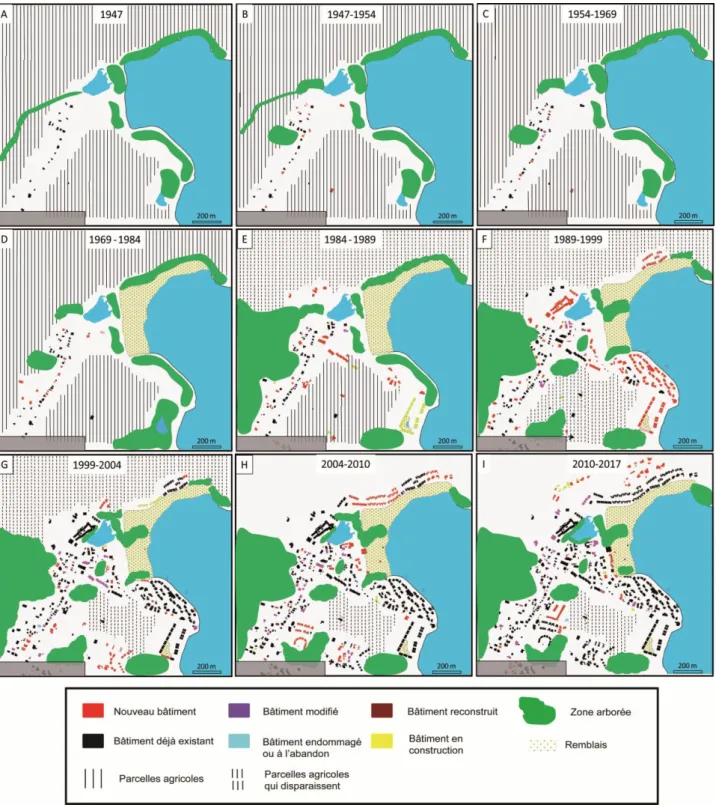 Figure  3 :  Cartes  d’évolution  de  l’environnement  et  de  l’urbanisme  pour  le  quartier  de  Cul-de-Sac  pour  les  périodes :  A)  1947,  B)  1947-1954,  C)  1954-1969,  D)  1969-1984),  E)  1984-1989,  F)  1989-1999  (avant  le  passage  de  l’our