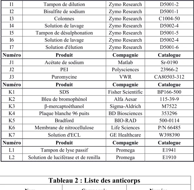 Tableau 2 : Liste des anticorps 
