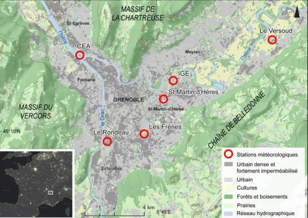 Figure  1.  Localisation  des  stations  météorologiques  étudiées  à  Grenoble  (Saint-Geoirs  non  visible)