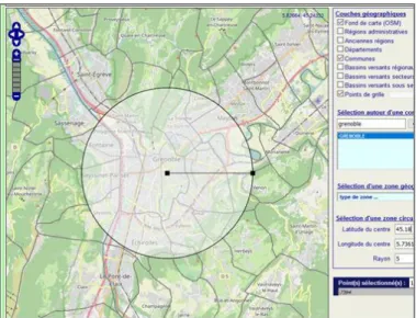 Figure  2.  Aire  de  5  km  autour  de  Grenoble  correspondant au point de grille SAFRAN (point 7394)  ayant servi à calculer les données Tn et Tx, d’altitude  moyenne  284  mètres,  pour  le  climat  futur   (2006-2100) ; d’après un extrait du portail D