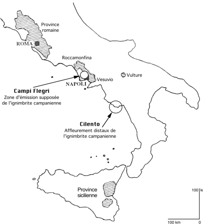 Figure 1 - Les témoins de l’ignimbrite campanienne sur le littoral du Cilento dans le cadre général du volcanisme italien.