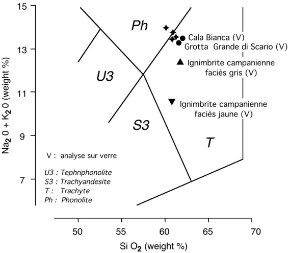 Figure 2 - Téphras identifiées entre Camerota et Scario et analyses de références pour l’ignimbrite campanienne (Barberi  et al