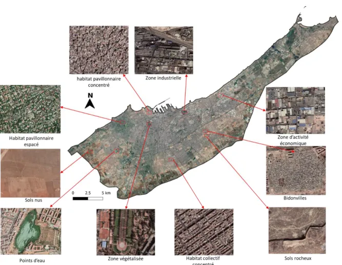 Figure 8. Vues détaillées des différentes classes d’occupation du sol de la conurbation littorale du Grand  Casablanca (fond de carte : Google Earth) 