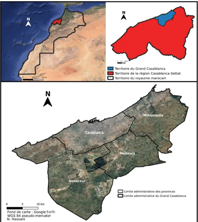 Figure 1. Cartes du Grand Casablanca à l’échelle nationale et à l’échelle régionale (découpage en provinces)