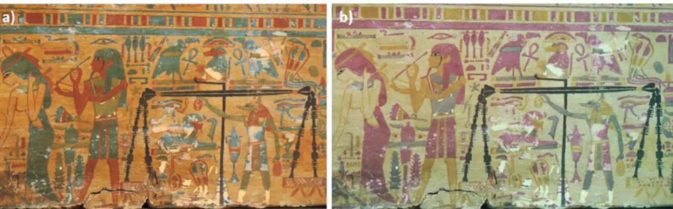 Figure 31: imageries (a) VIS et (b) IRFC de la scène de la pesée de l’âme du décor extérieur de la paroi senestre du cercueil n° 