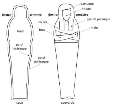 Figure  12 :  schémas  descriptifs  d’une  cuve  et  d’un  couvercle  de  cercueil  égyptien  modifiés  sur  la  base  d’un  dessin  de  O