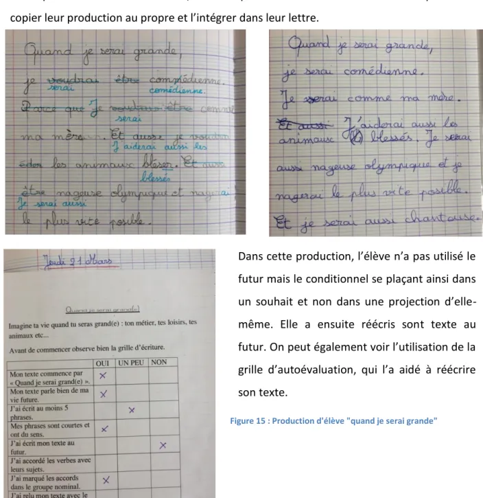 Figure 15 : Production d'élève "quand je serai grande"