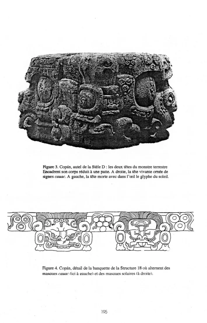 figu re 3.  Copân, autel  de la Stèle D   :  les deux têtes du monstre terrestre  Encadrent son corps réduit à une patte