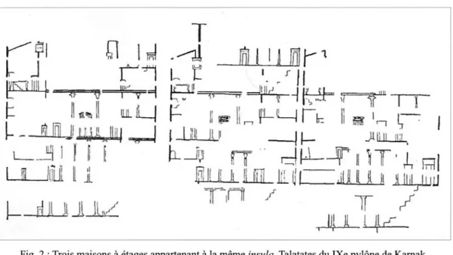 Fig.  2  :  Trois m aisons à étages appartenant à la même insula.  Talatates du IXe pylône de Kamak.