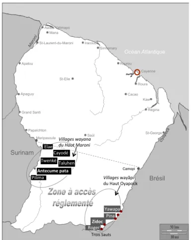 Figure 2 : Villages wayãpi et wayana, carte réalisée par les auteurs 