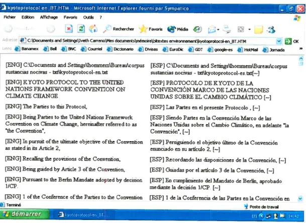 Figure 8. Texte aligné généré par Logiterm en format HTML à partir du document original du Protocole de Kyoto et de sa traduction en espagnol