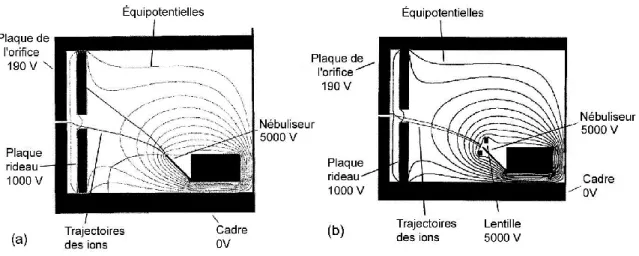 Figure  2.11:  Schéma  de  montage  avec  les  équipotentielles  (a)  sans  lentille  et  (b)  avec    une  lentille  électrostatique positionnée derrière la pointe d’électro-nébulisation 33
