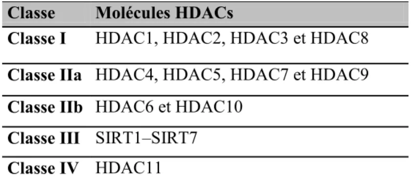 Tableau 1.7: les différentes classes de molécules HDACs (de Ruijter et al., 2003). 