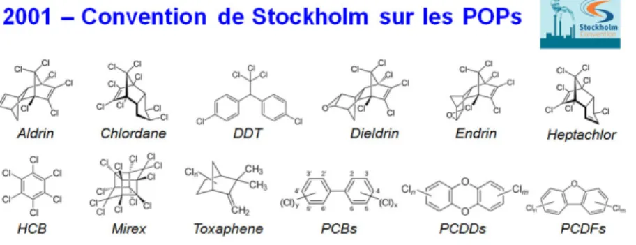 Figure 1.3. Les 12 substances initialement inscrites à la Convention de Stockholm sur les  polluants organiques persistants (POPs) (POP’s, 2008)