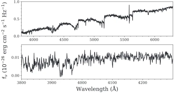 Figure 2.2 – Optical spectra of SDSS J174618.94+262217.0 (top) and SDSS J192013.71+383917.7 (bottom), two objects that were previously misclassiﬁed as DQ and DZ white dwarfs, respectively.