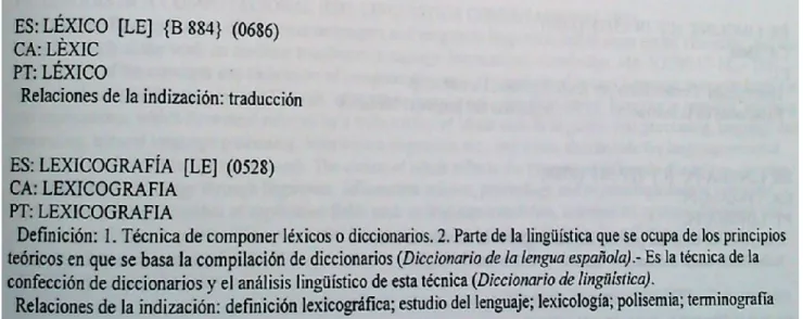 Figure 10.  Exemple  de  deux  dossiers  descripteurs  dans  le  Tesauro  sobre  Traducción,  Terminología  y  Campos  Conexos 