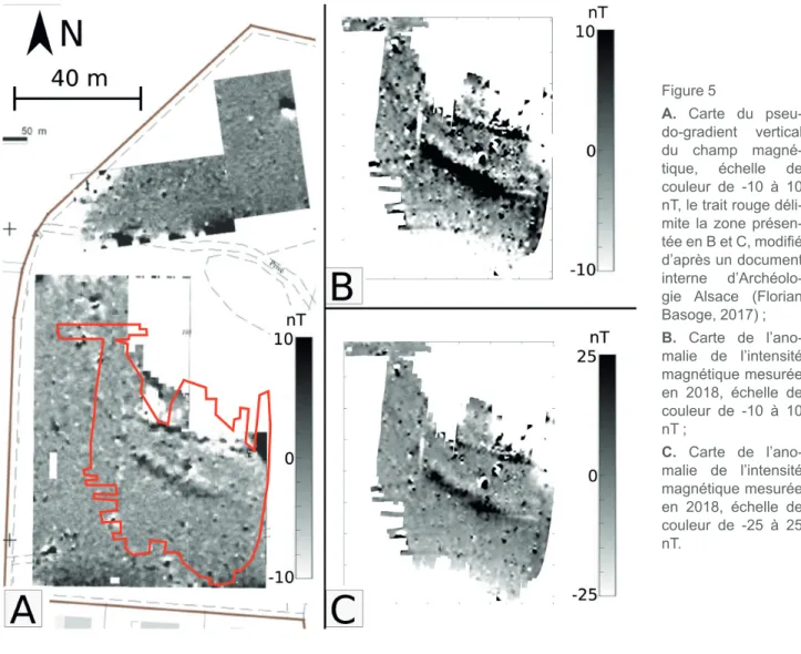 Figure 5  A.  Carte du  pseu-do-gradient vertical  du champ  magné-tique, échelle de  couleur de -10 à 10  nT, le trait rouge  déli-mite la zone  présen-tée en B et C, modifié  d’après un document  interne  d’Archéolo-gie Alsace (Florian  Basoge, 2017) ;  