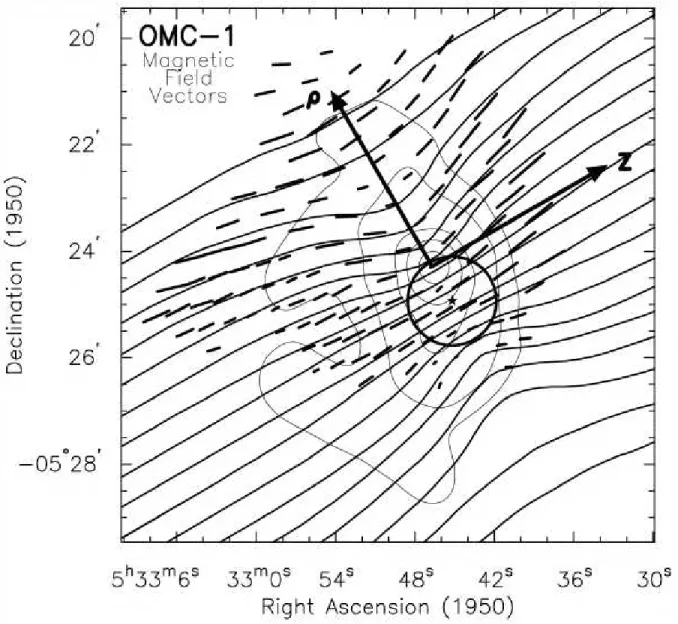 Fig. 3.8 – Carte des lignes du champ magn´etique ` a partir de la polarisation ` a 100µm dans OMC-1 (Schleuning, 1998).