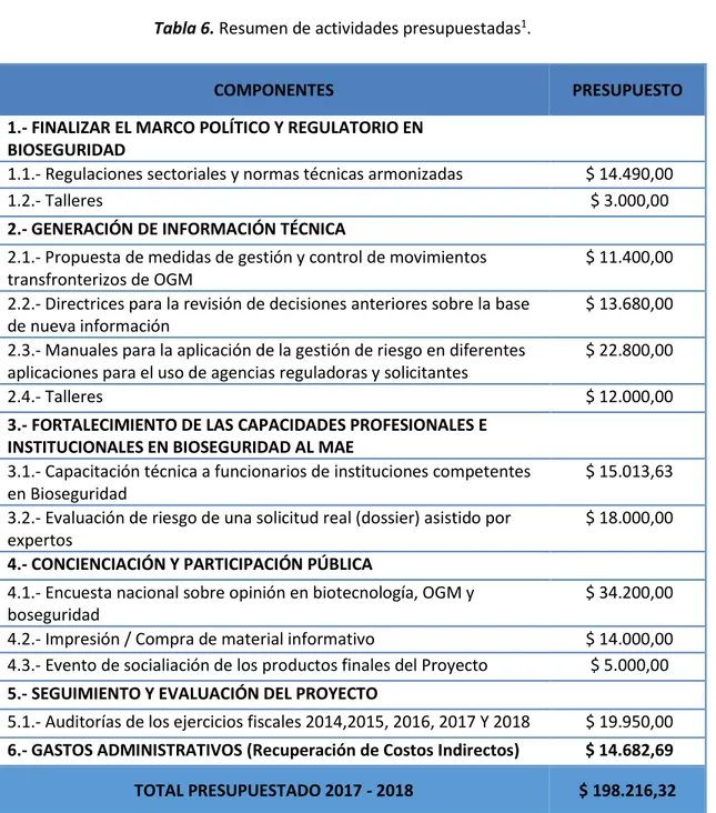 Tabla 6. Resumen de actividades presupuestadas 1 . 