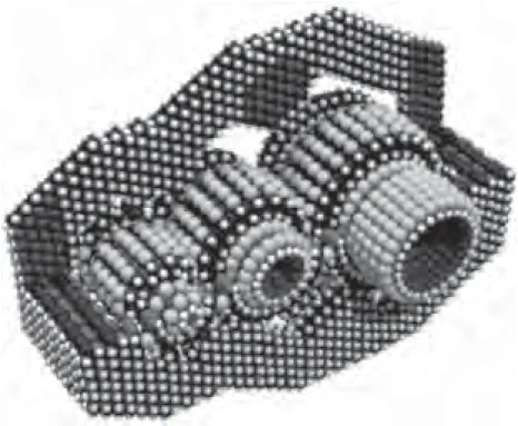 Ilustração 1. Uma estrutura nano. Com 15.342 átomos, esta engrenagem paralela é um dos maiores dispositivos nanomecânicos jamais modelados em detalhes atômicos.