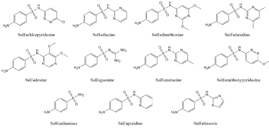 Figure 1-3. Structures de quelques sulfamides utilisés couramment dans l’élevage porcin au Canada [42]