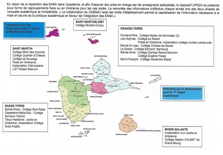 Figure 1 : Couverture du territoire et implantation des dispositifs UPE2A      Source : CASNAV Guadeloupe 