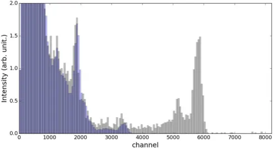Figure 1.11: Spectre de rayonnement gamma provenant du DLC (en gris) expos´e `a un faisceau de 6.50 MeV compar´e au signal du bruit de fond (en bleu)