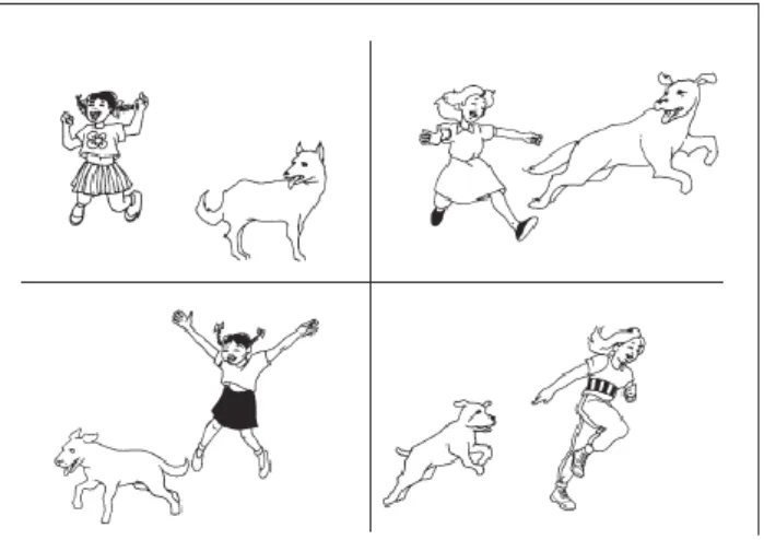 Figure 3: Item d'exemple de la tâche de l'E.CO.S.SE sur la compréhension orale dans  laquelle l'enfant doit pointer l'image de la fille qui court derrière un chien qui saute
