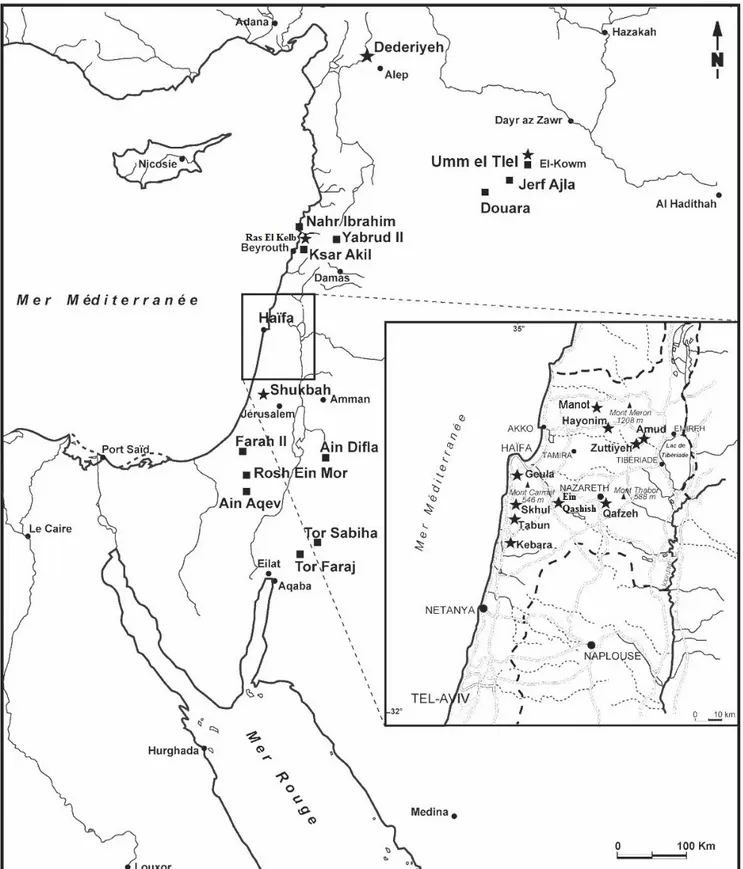 Figure 4 : carte montrant les principaux sites moustériens du Levant Méditerranéen (les étoiles représentent  les sites ayant livré des restes humains ; modifié d’après Tillier et al